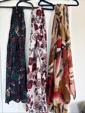 Esprit Trio of Patterned Lightweight Scarves in Teal, Burgundy & Tan